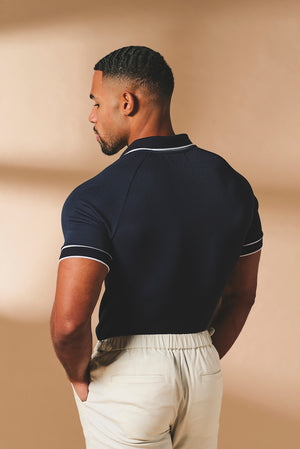 Tipped Textured Open Collar Polo Shirt in Navy and White - TAILORED ATHLETE - USA