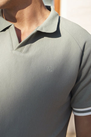 Tipped Textured Open Collar Polo Shirt in Soft Khaki - TAILORED ATHLETE - USA