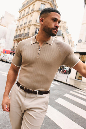 Textured Tipped Knitted Zip Neck Polo Shirt in Stone and White - TAILORED ATHLETE - USA
