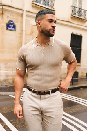 Textured Tipped Knitted Zip Neck Polo Shirt in Stone and White - TAILORED ATHLETE - USA