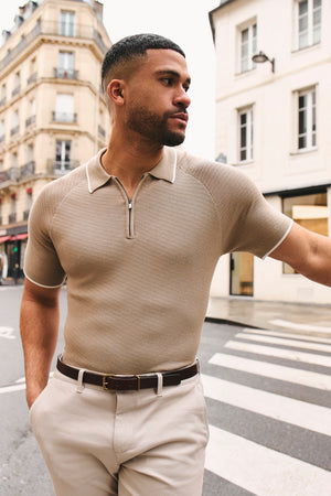 Textured Tipped Knitted Zip Neck Polo Shirt in Stone and White Tipping - TAILORED ATHLETE - USA