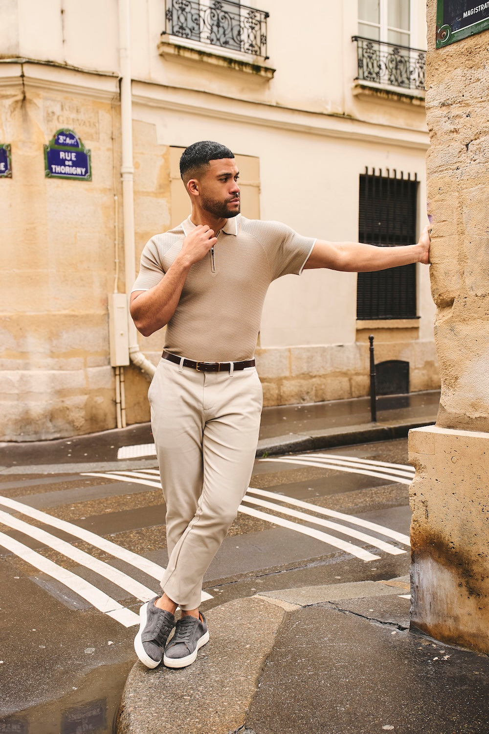 Textured Tipped Knitted Zip Neck Polo Shirt in Stone and White - TAILORED ATHLETE - USA