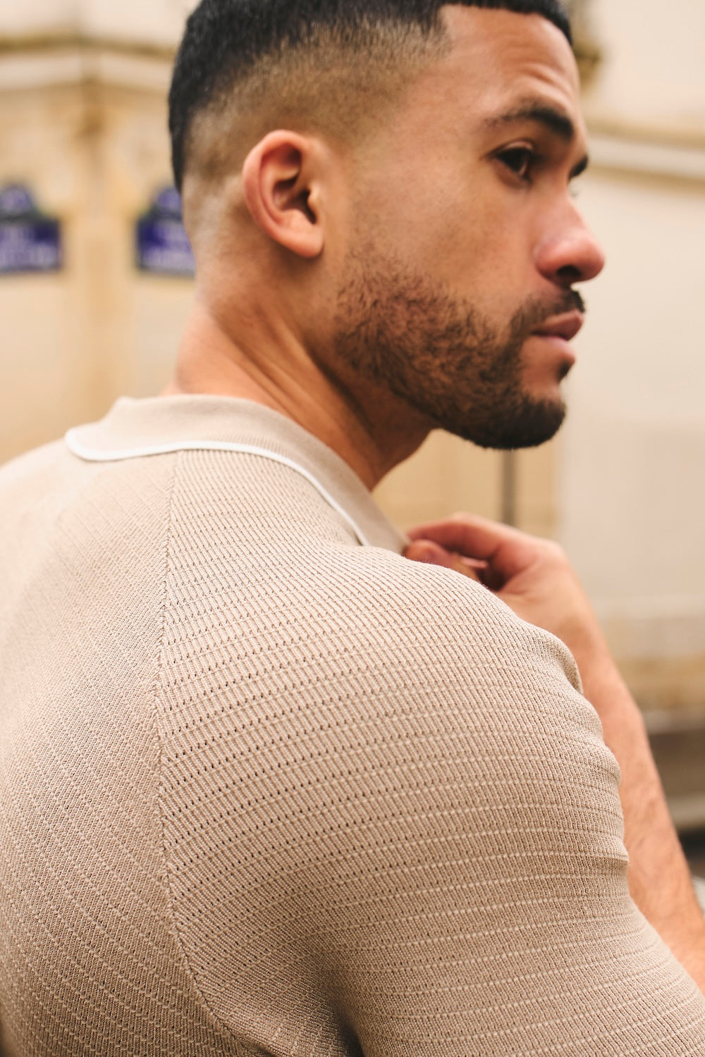 Textured Tipped Knitted Zip Neck Polo Shirt in Stone and White Tipping - TAILORED ATHLETE - USA