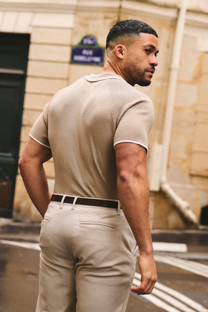 Textured Tipped Knitted Zip Neck Polo Shirt in Stone and White - TAILORED ATHLETE - USA