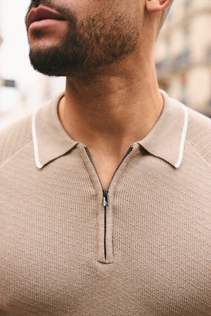 Textured Tipped Knitted Zip Neck Polo Shirt in Stone and White - TAILORED ATHLETE - USA