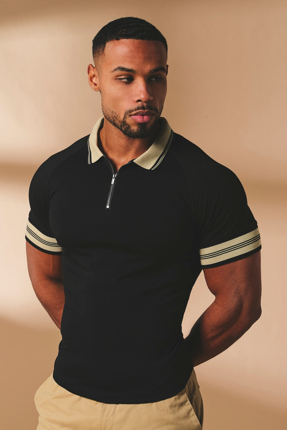 Tipped Zip Neck Polo in Black and Stone - TAILORED ATHLETE - USA