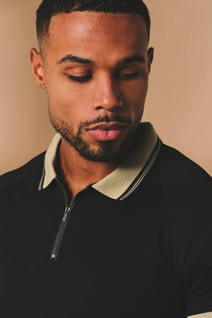 Tipped Zip Neck Polo in Black and Stone - TAILORED ATHLETE - USA