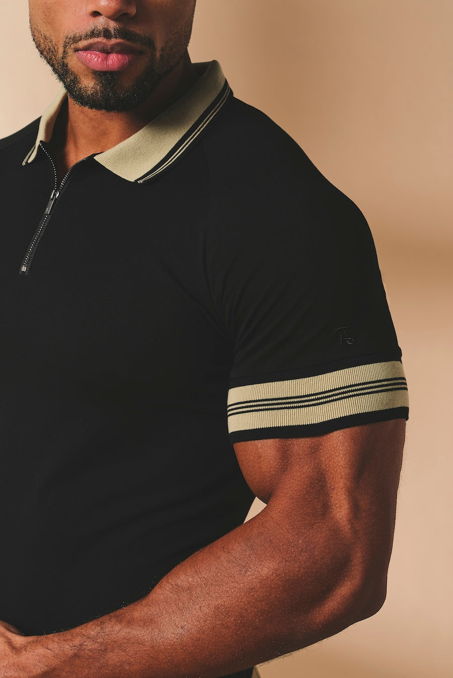 Tipped Zip Neck Polo in Black and Stone - TAILORED ATHLETE - USA