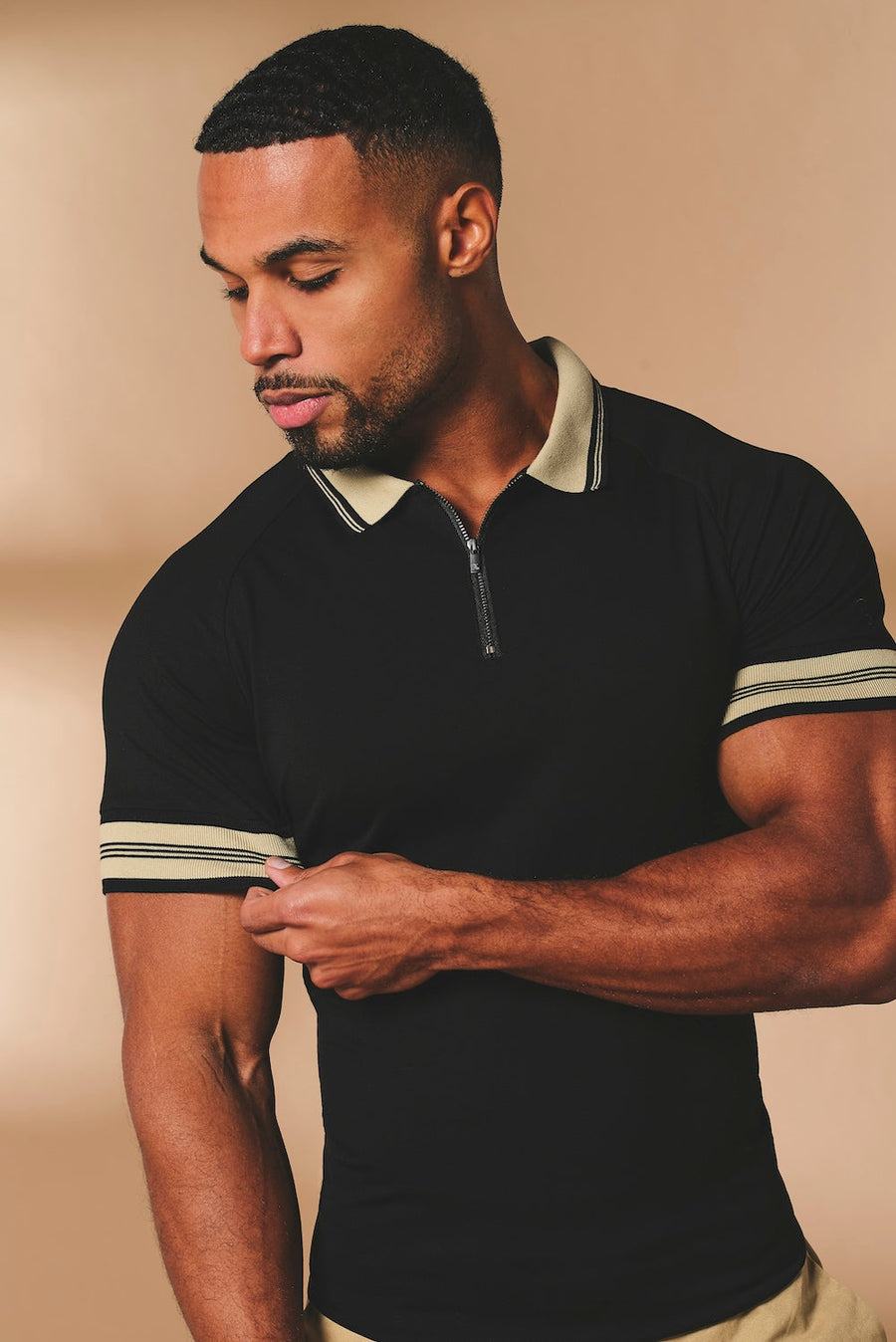 Tipped Zip Neck Polo in Black and Stone - TAILORED ATHLETE - USA