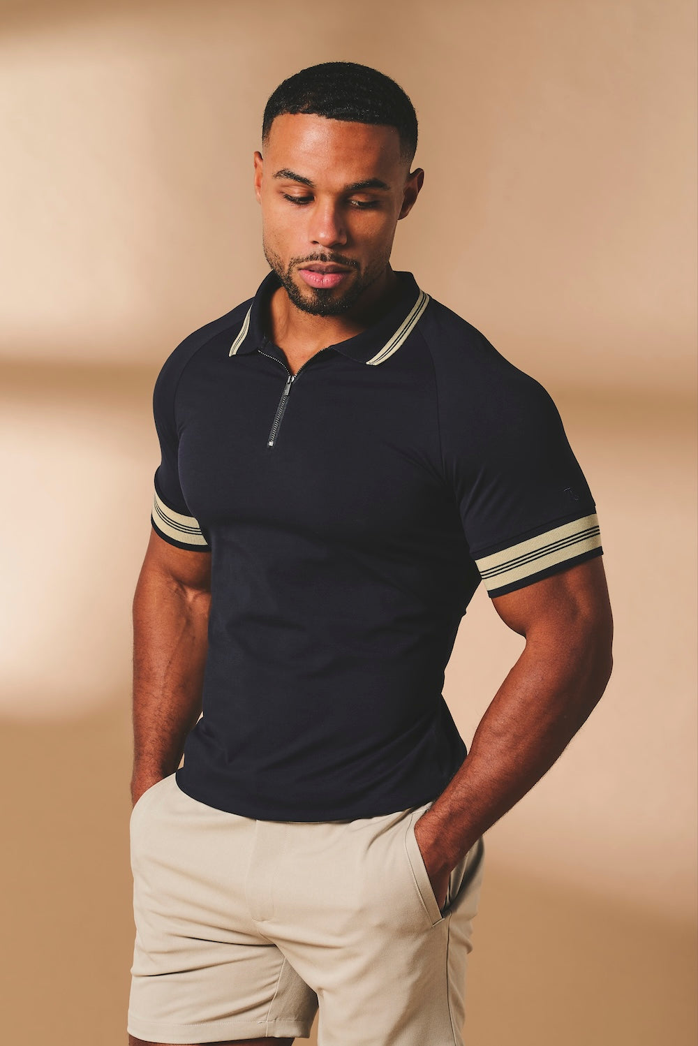 Tipped Zip Neck Polo in Navy and Stone - TAILORED ATHLETE - USA