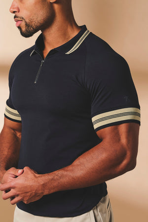 Tipped Zip Neck Polo in Navy and Stone - TAILORED ATHLETE - USA