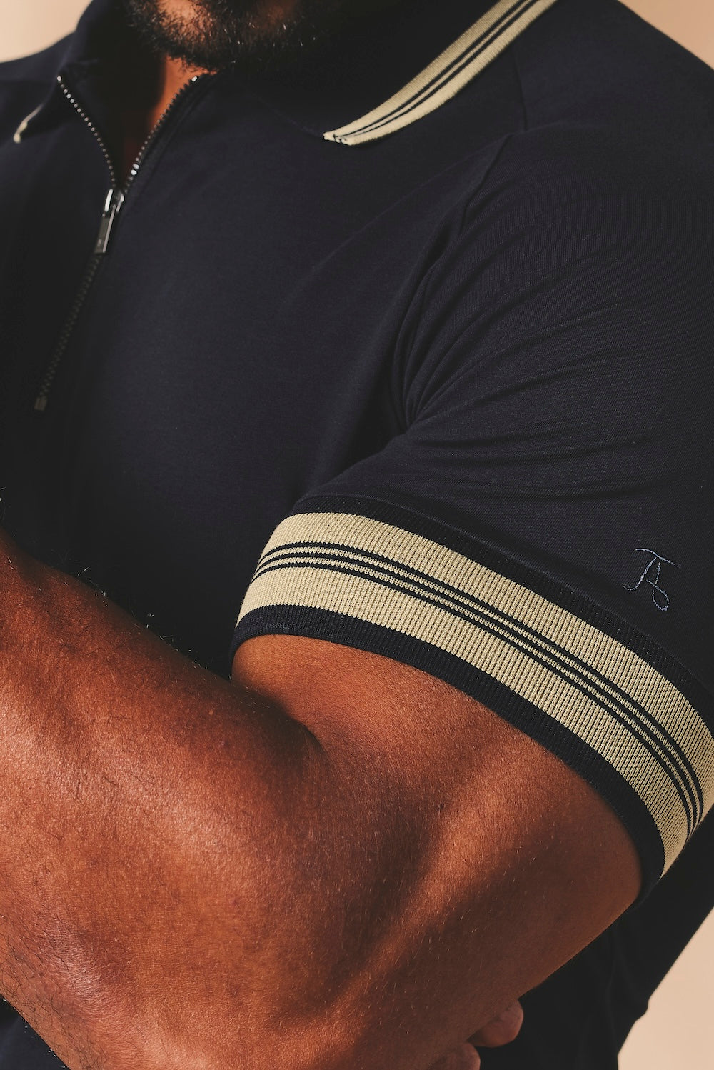 Tipped Zip Neck Polo in Navy and Stone - TAILORED ATHLETE - USA