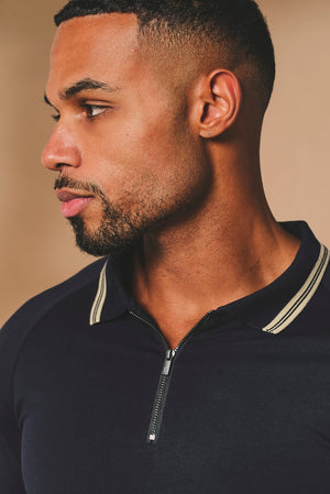 Tipped Zip Neck Polo in Navy and Stone - TAILORED ATHLETE - USA