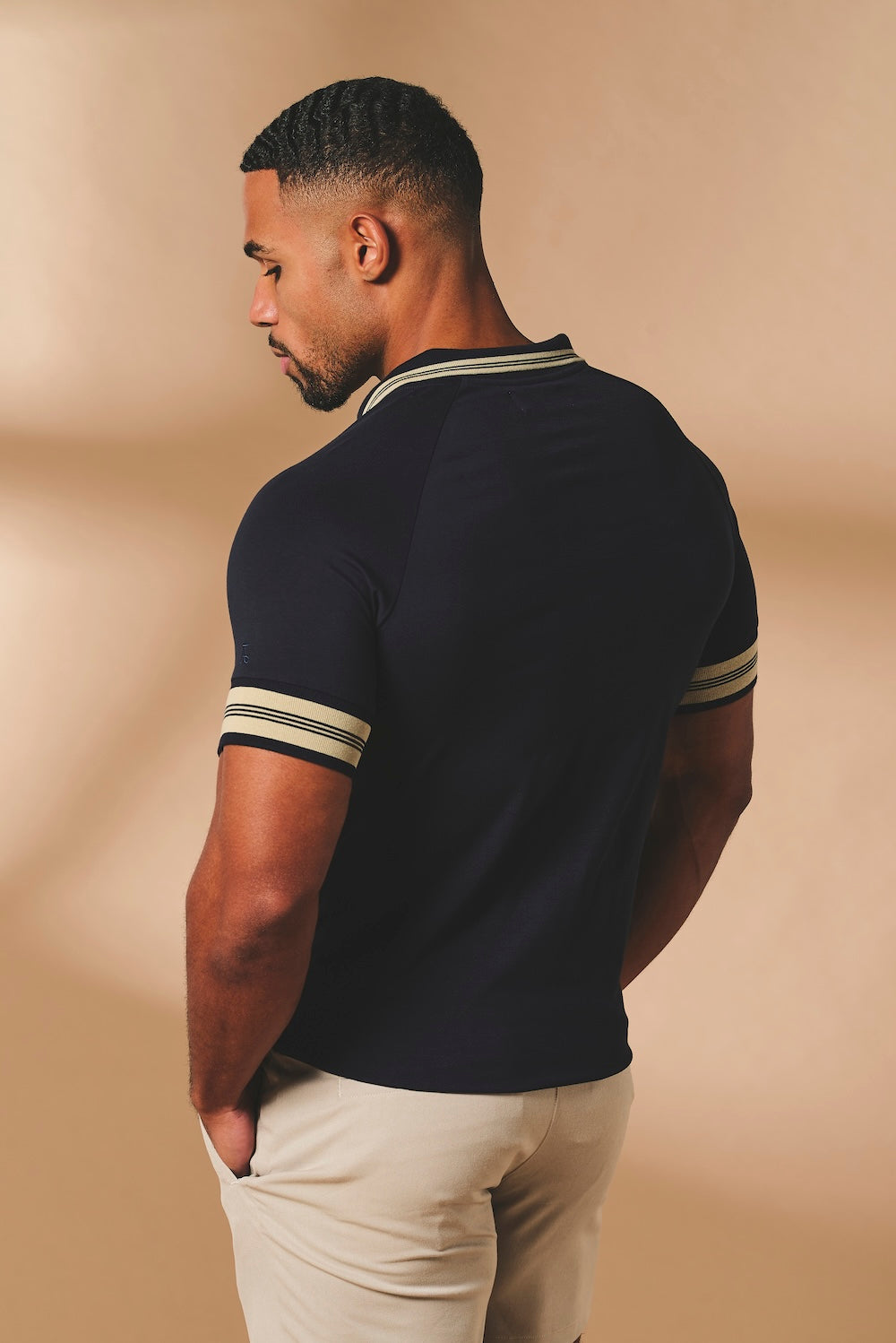 Tipped Zip Neck Polo in Navy and Stone - TAILORED ATHLETE - USA