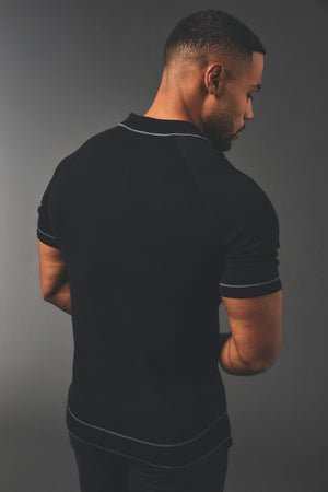 Tipped Knitted Zip Neck Polo Shirt in Black - TAILORED ATHLETE - USA