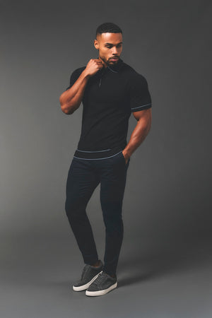 Tipped Knitted Zip Neck Polo Shirt in Black - TAILORED ATHLETE - USA