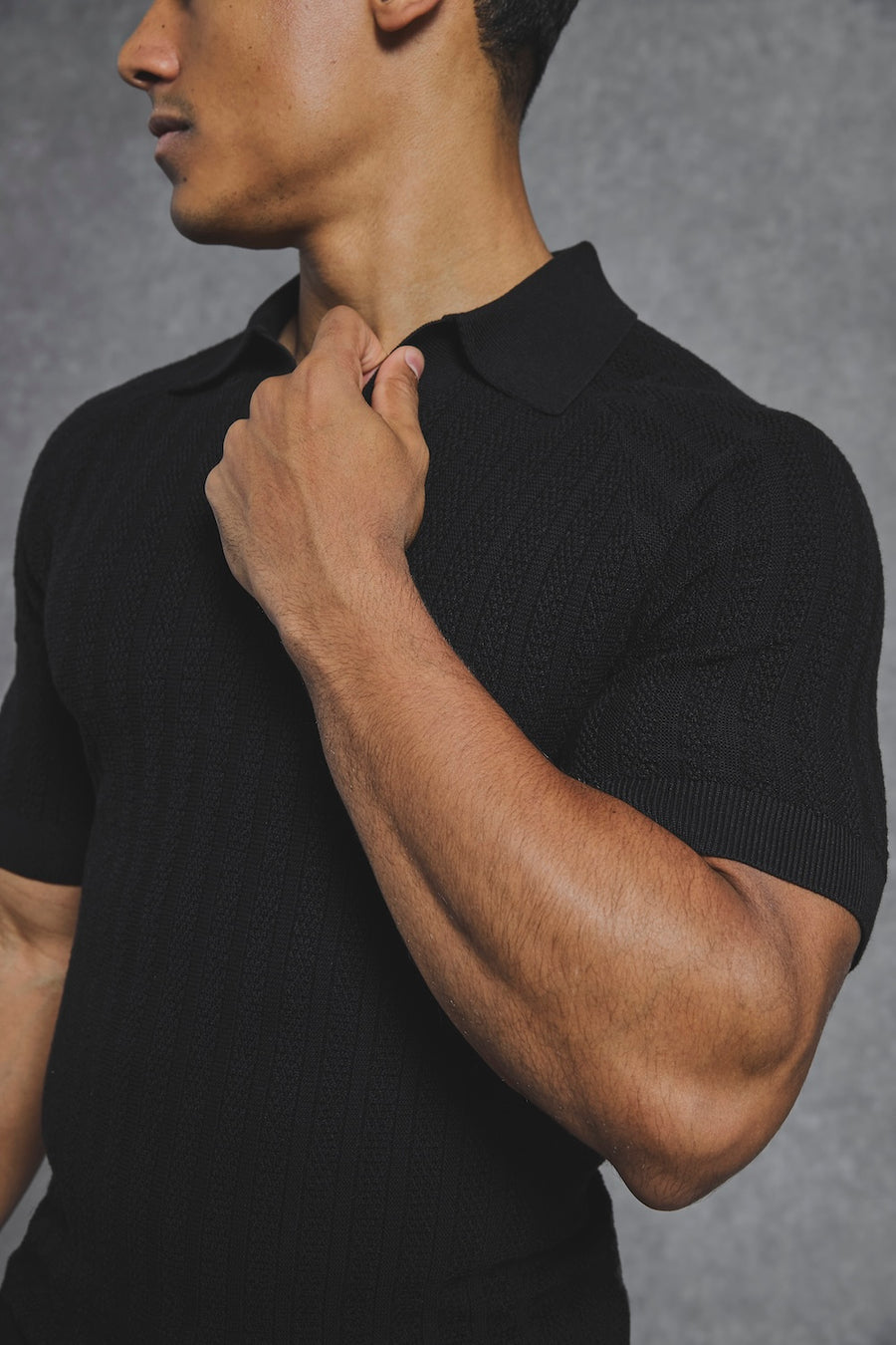 Vertical Stripe Knitted Open Collar Polo Shirt in Black - TAILORED ATHLETE - USA