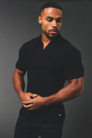 Vertical Stripe Knitted Open Collar Polo Shirt in Black - TAILORED ATHLETE - USA