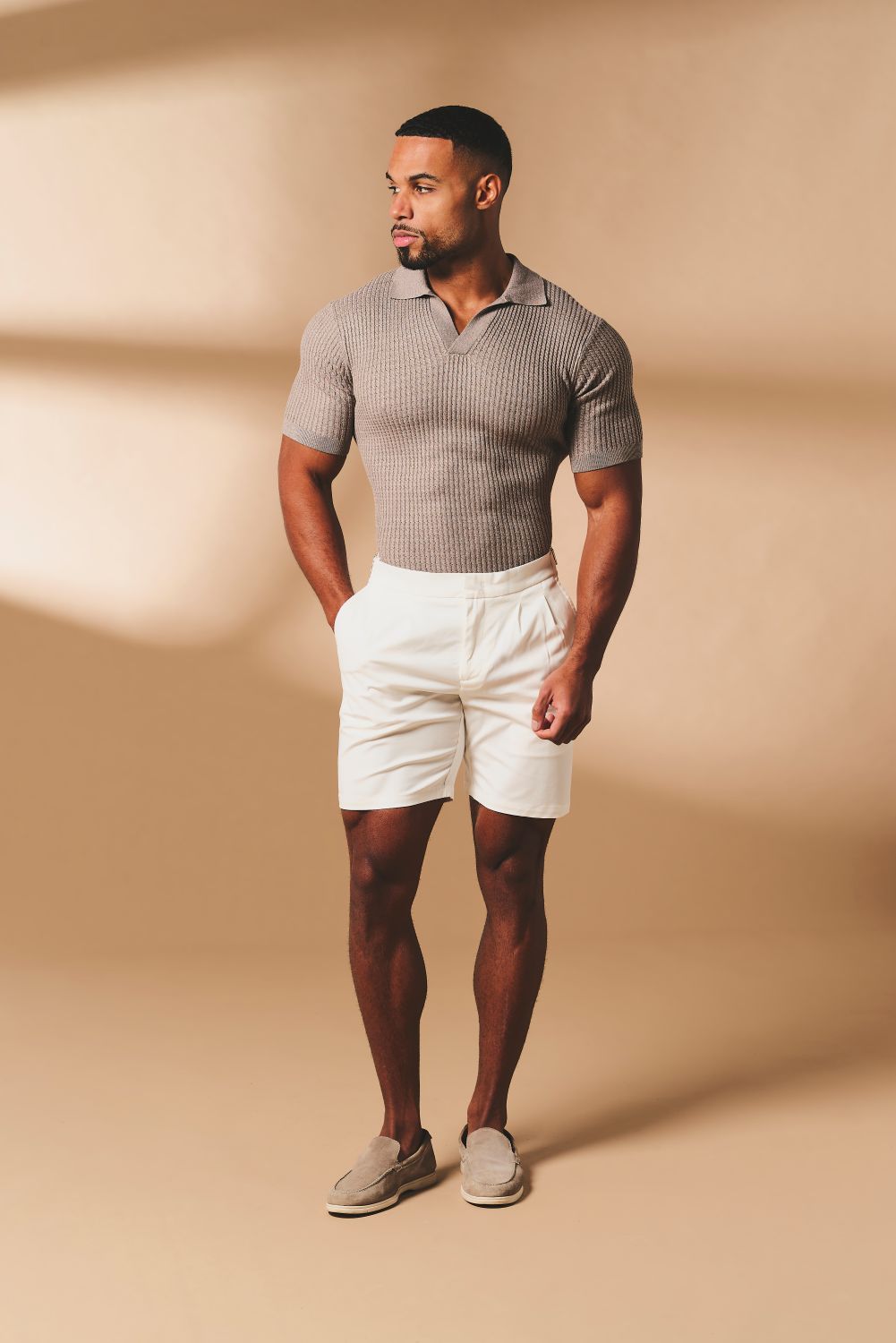 Fine Cable Knitted Open Collar Polo Shirt in Mocha Marl - TAILORED ATHLETE - USA