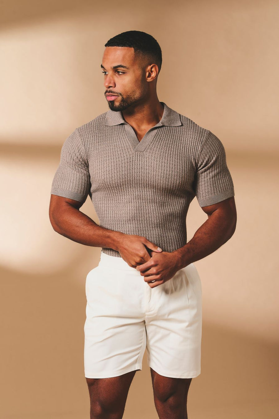 Fine Cable Knitted Open Collar Polo Shirt in Mocha Marl - TAILORED ATHLETE - USA