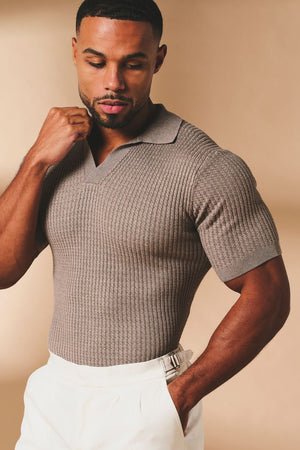 Fine Cable Knitted Open Collar Polo Shirt in Mocha Marl - TAILORED ATHLETE - USA