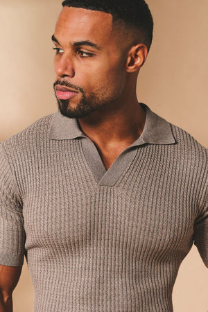 Fine Cable Knitted Open Collar Polo Shirt in Mocha Marl - TAILORED ATHLETE - USA
