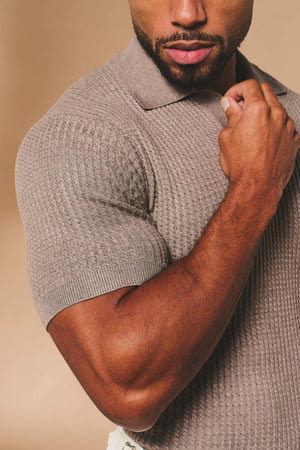 Fine Cable Knitted Open Collar Polo Shirt in Mocha Marl - TAILORED ATHLETE - USA