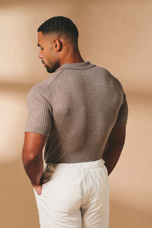 Fine Cable Knitted Open Collar Polo Shirt in Mocha Marl - TAILORED ATHLETE - USA