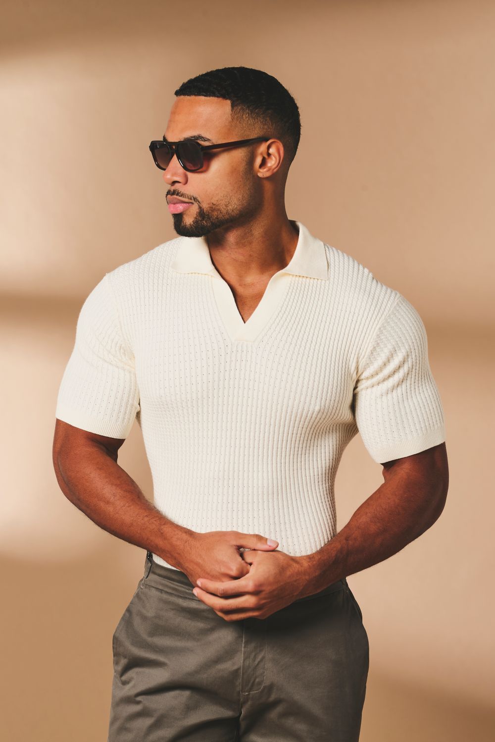 Vertical Stripe Knitted Open Collar Polo Shirt in Stone - TAILORED ATHLETE - USA