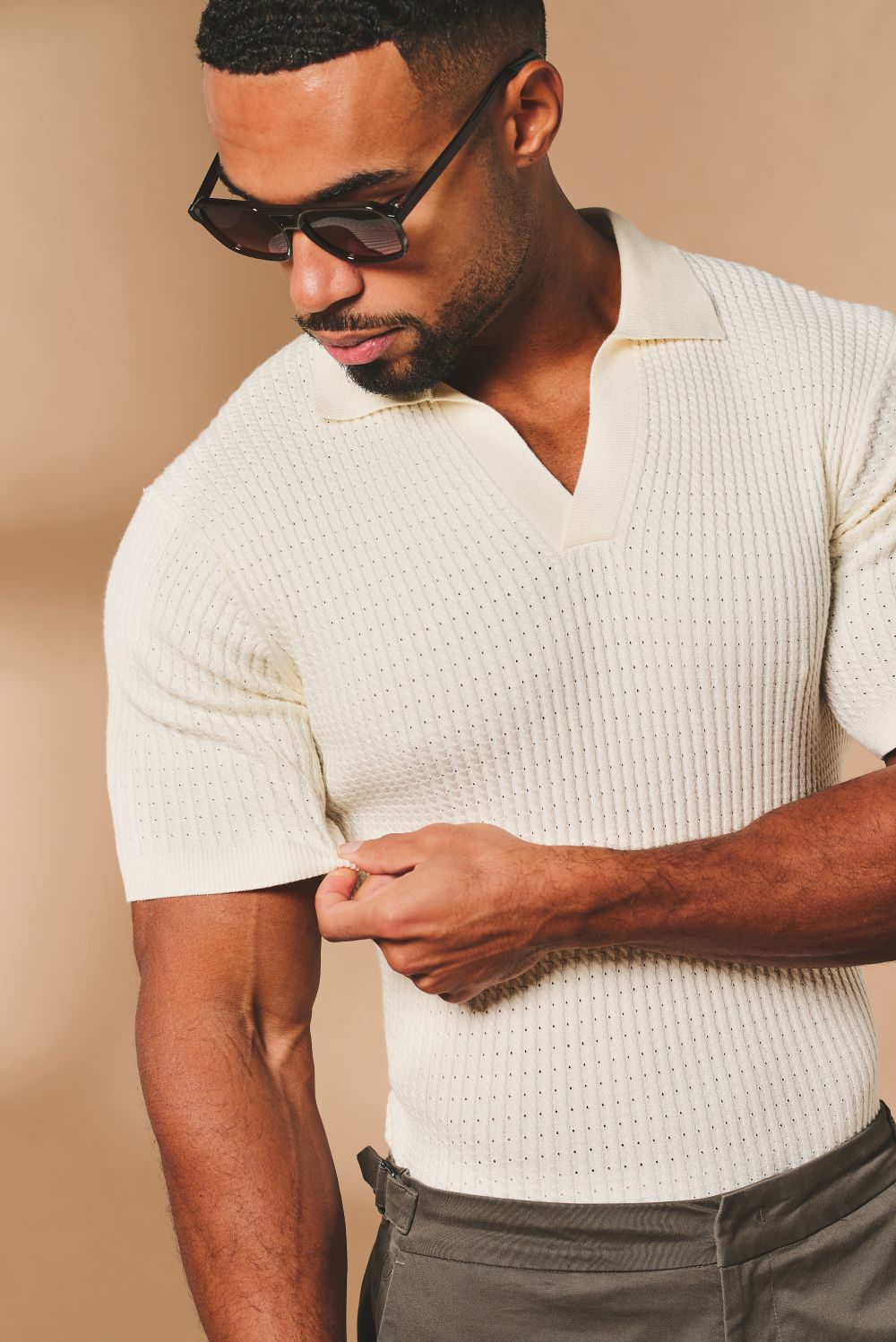 Vertical Stripe Knitted Open Collar Polo Shirt in Stone - TAILORED ATHLETE - USA