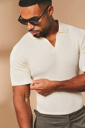 Vertical Stripe Knitted Open Collar Polo Shirt in Stone - TAILORED ATHLETE - USA