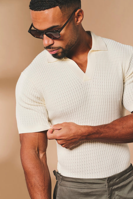 Fine Cable Knitted Open Collar Polo Shirt in Ecru - TAILORED ATHLETE - USA
