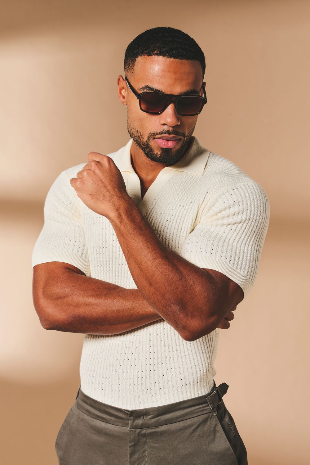 Vertical Stripe Knitted Open Collar Polo Shirt in Stone - TAILORED ATHLETE - USA