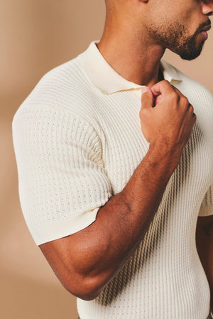 Fine Cable Knitted Open Collar Polo Shirt in Ecru - TAILORED ATHLETE - USA