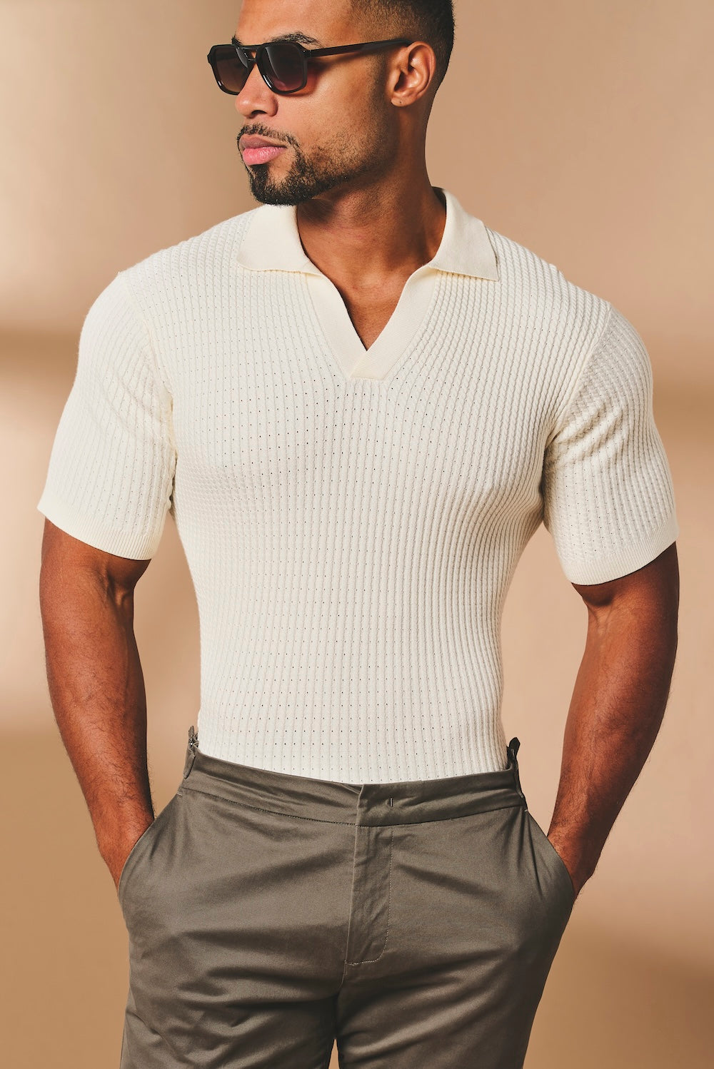 Fine Cable Knitted Open Collar Polo Shirt in Ecru - TAILORED ATHLETE - USA