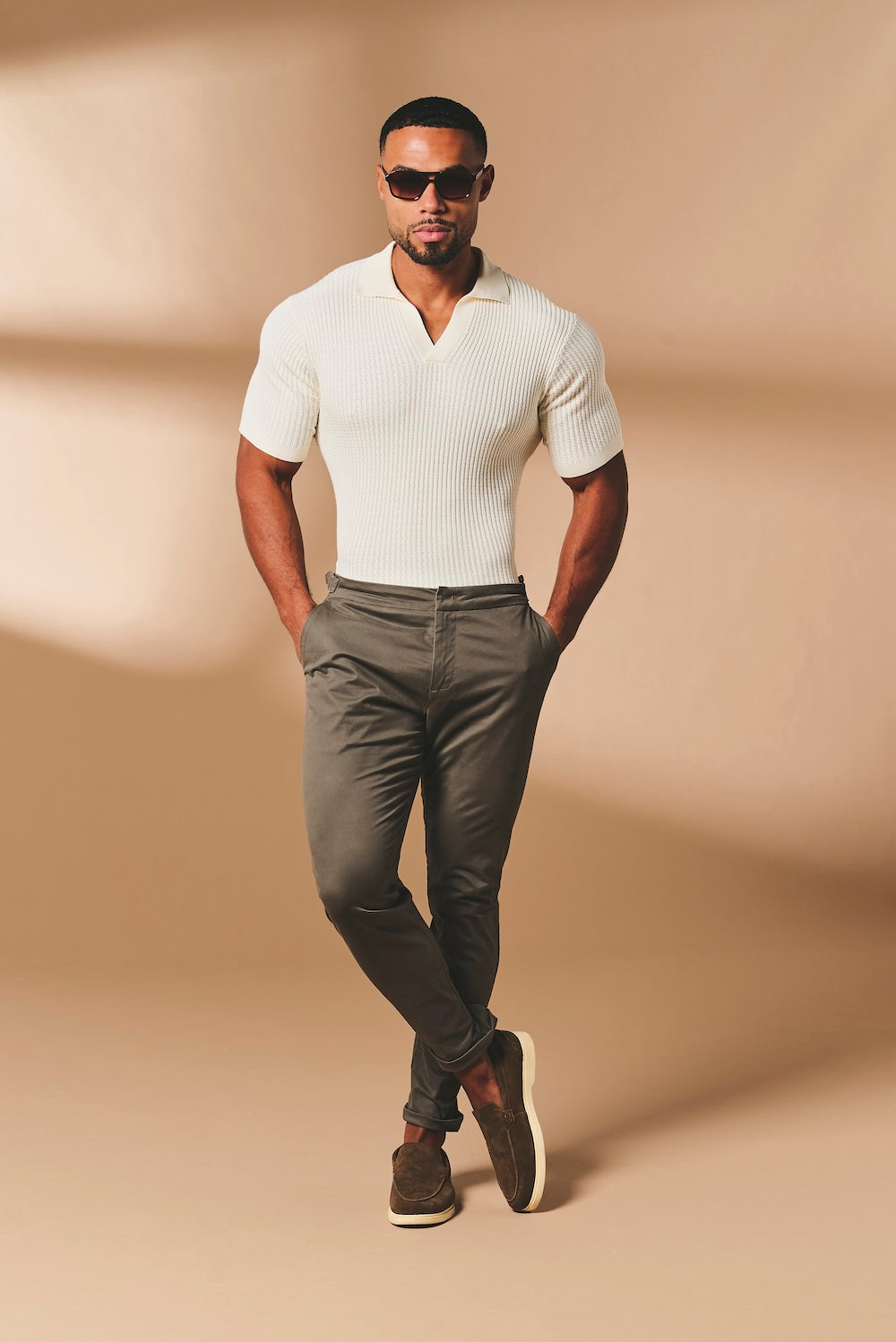 Fine Cable Knitted Open Collar Polo Shirt in Ecru - TAILORED ATHLETE - USA
