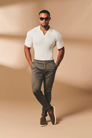 Fine Cable Knitted Open Collar Polo Shirt in Ecru - TAILORED ATHLETE - USA