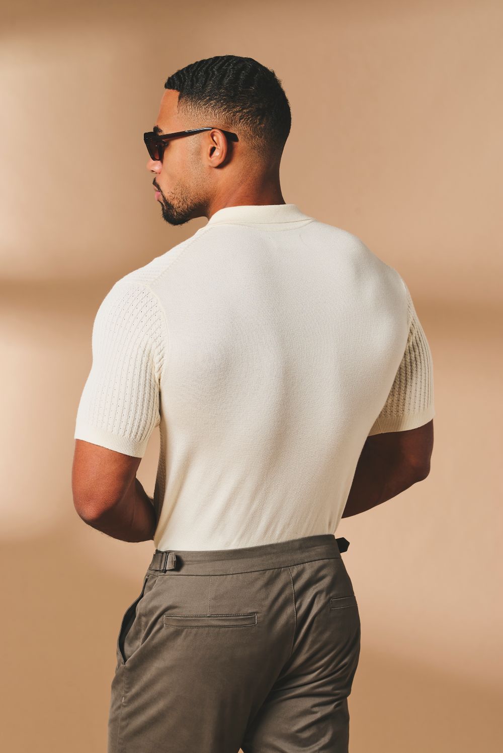 Vertical Stripe Knitted Open Collar Polo Shirt in Stone - TAILORED ATHLETE - USA