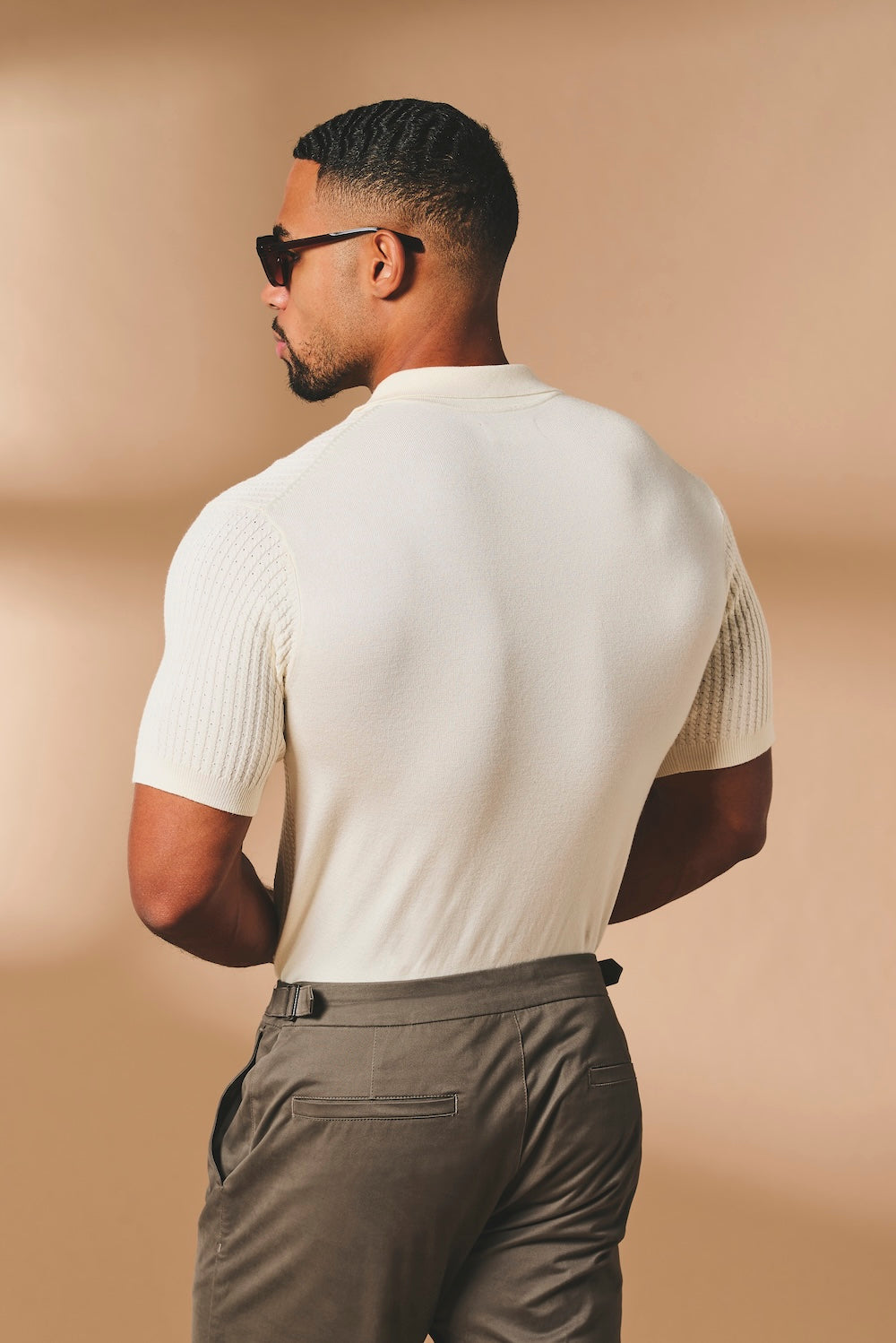 Fine Cable Knitted Open Collar Polo Shirt in Ecru - TAILORED ATHLETE - USA