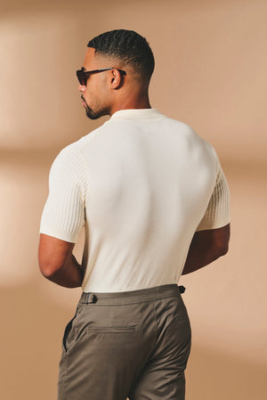 Fine Cable Knitted Open Collar Polo Shirt in Ecru - TAILORED ATHLETE - USA
