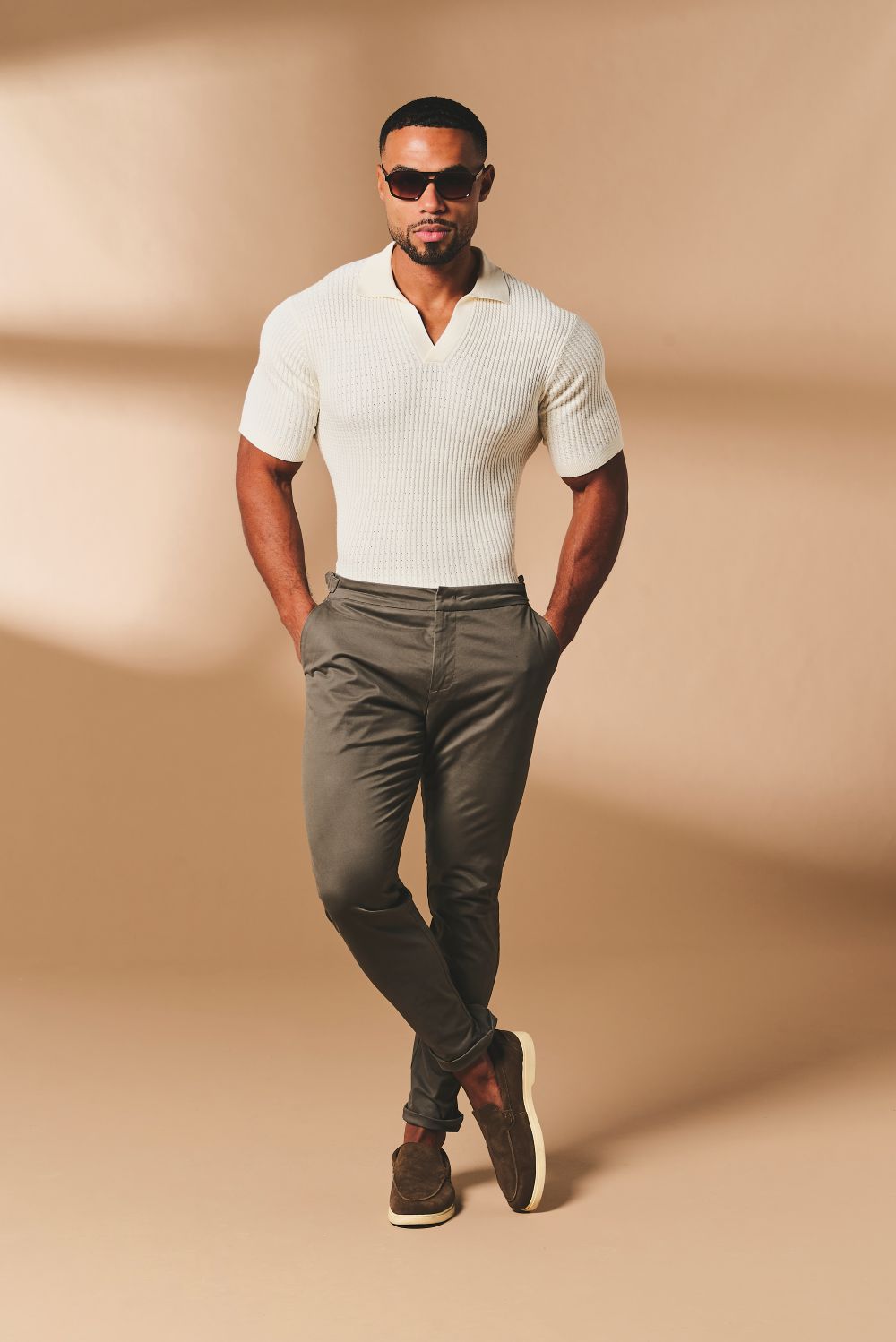 Vertical Stripe Knitted Open Collar Polo Shirt in Stone - TAILORED ATHLETE - USA