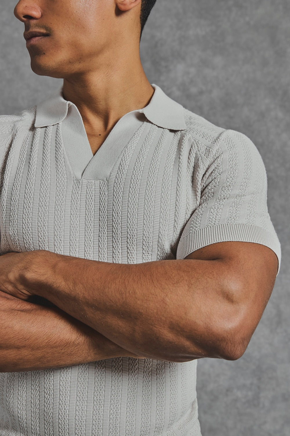 Vertical Stripe Knitted Open Collar Polo Shirt in Stone - TAILORED ATHLETE - USA