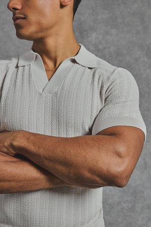 Vertical Stripe Knitted Open Collar Polo Shirt in Stone - TAILORED ATHLETE - USA