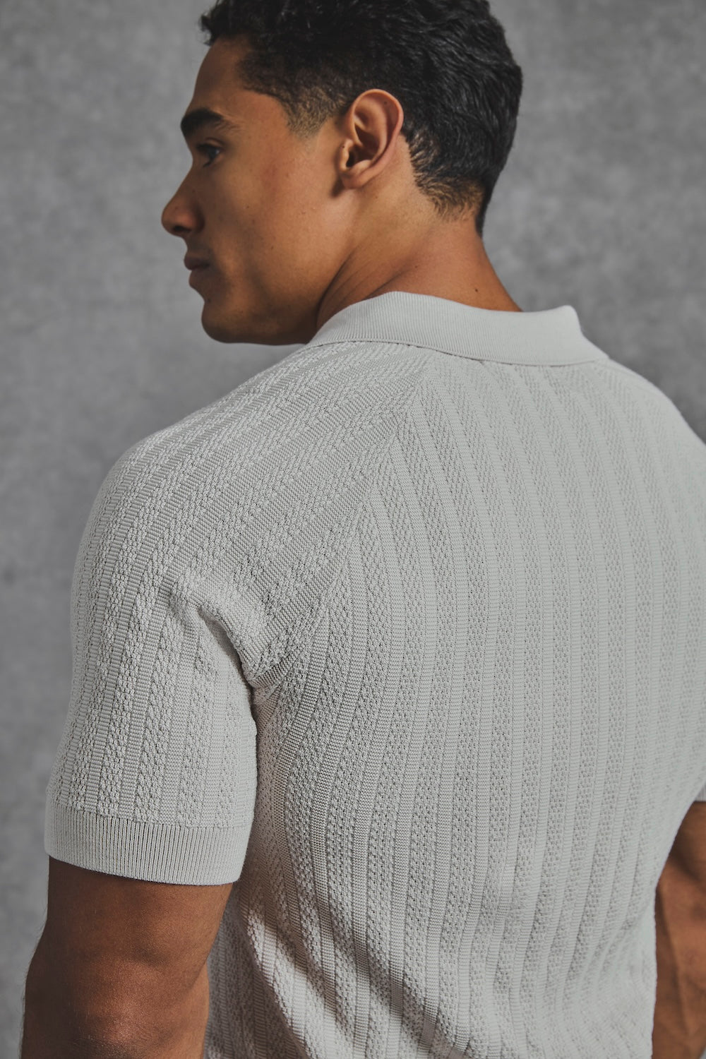 Vertical Stripe Knitted Open Collar Polo Shirt in Stone - TAILORED ATHLETE - USA