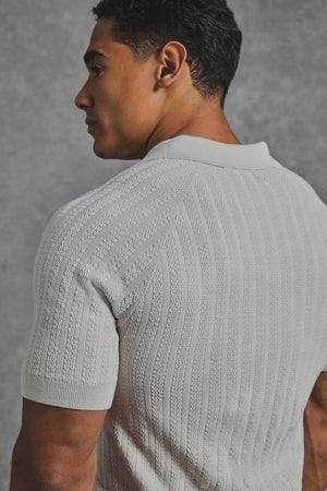 Vertical Stripe Knitted Open Collar Polo Shirt in Stone - TAILORED ATHLETE - USA