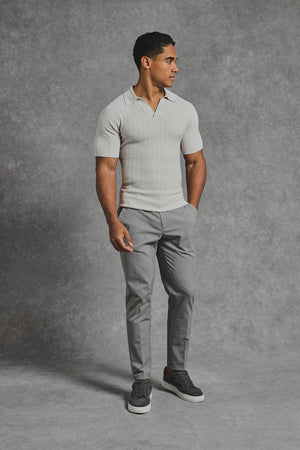 Vertical Stripe Knitted Open Collar Polo Shirt in Stone - TAILORED ATHLETE - USA
