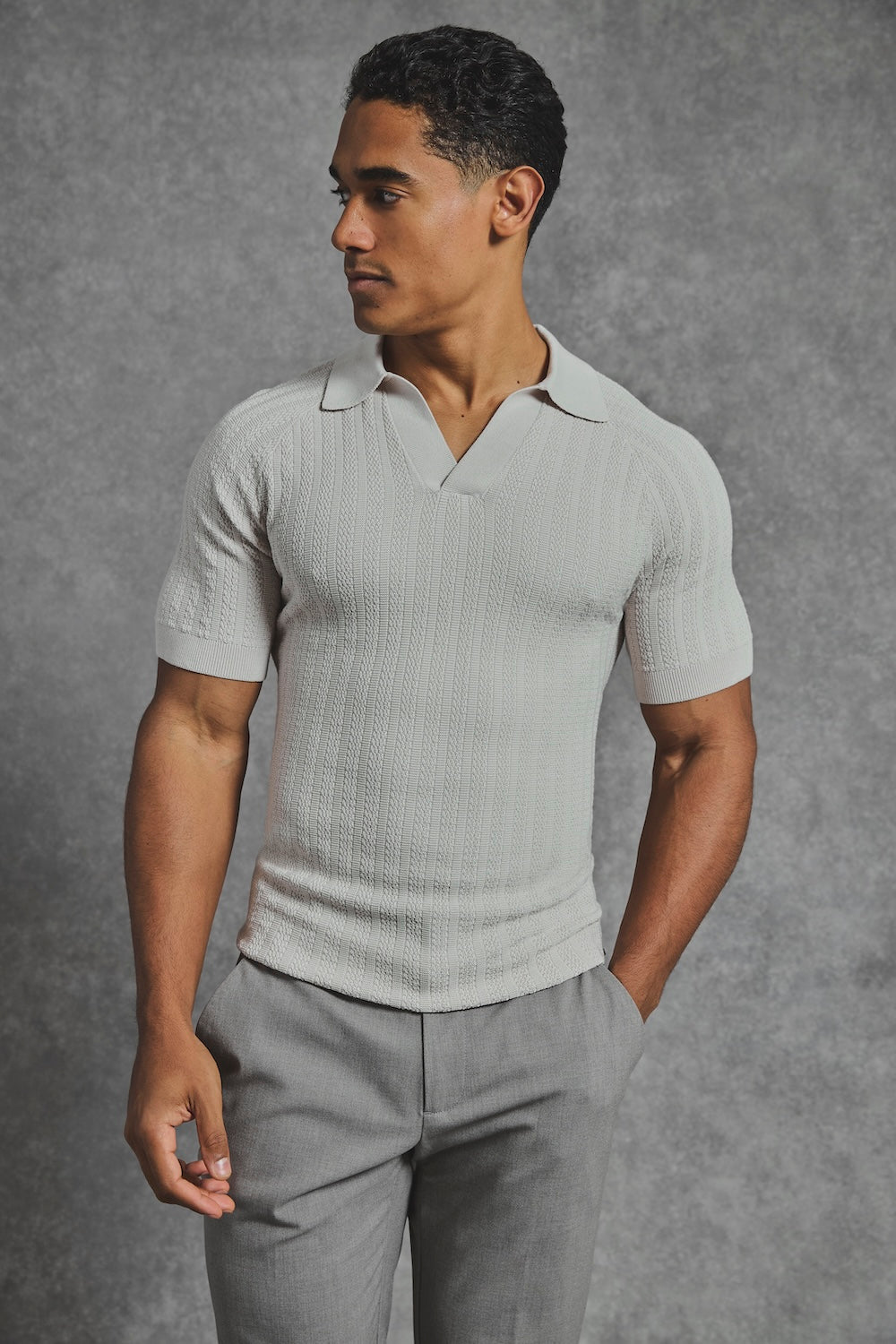 Vertical Stripe Knitted Open Collar Polo Shirt in Stone - TAILORED ATHLETE - USA