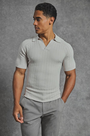 Vertical Stripe Knitted Open Collar Polo Shirt in Stone - TAILORED ATHLETE - USA