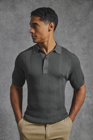 Vertical Stripe Knitted Polo Shirt in Khaki - TAILORED ATHLETE - USA