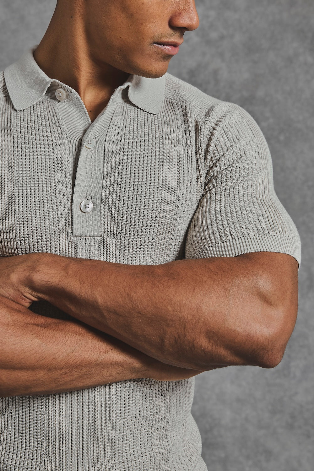 Vertical Stripe Knitted Polo Shirt in Stone - TAILORED ATHLETE - USA